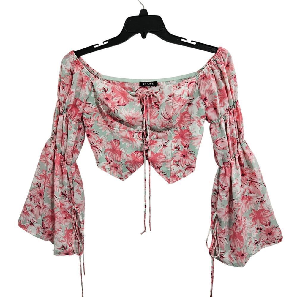 Floral Pink Puff Long Flare Sleeve Self Tie Front Crop Corset Top. Size Large